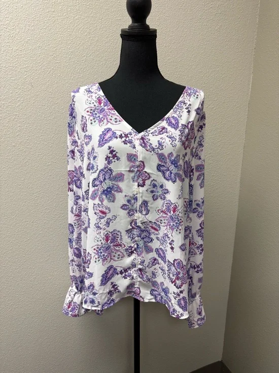 LOFT XL Purple White Floral Blouse Button Front Long Sleeve Boho Chic Top - Picture 2 of 9
